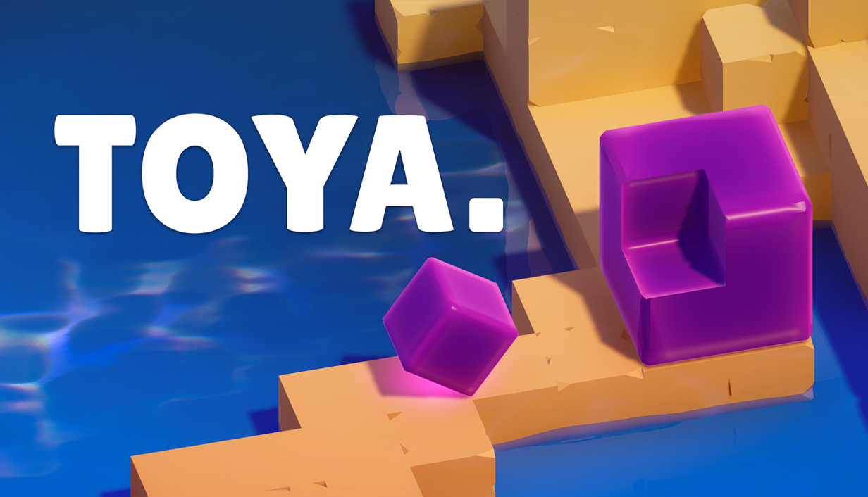 A purple cube rolls towards a larger purple cube in a puzzle game. Text reads TOYA.