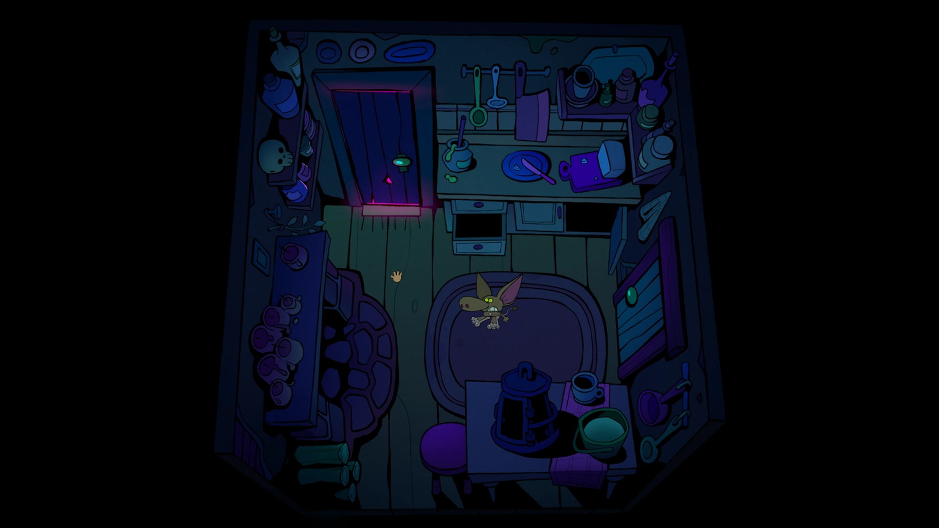 A gameplay still from The Troll and The Witch's house shows a charming animated troll in a dark room.