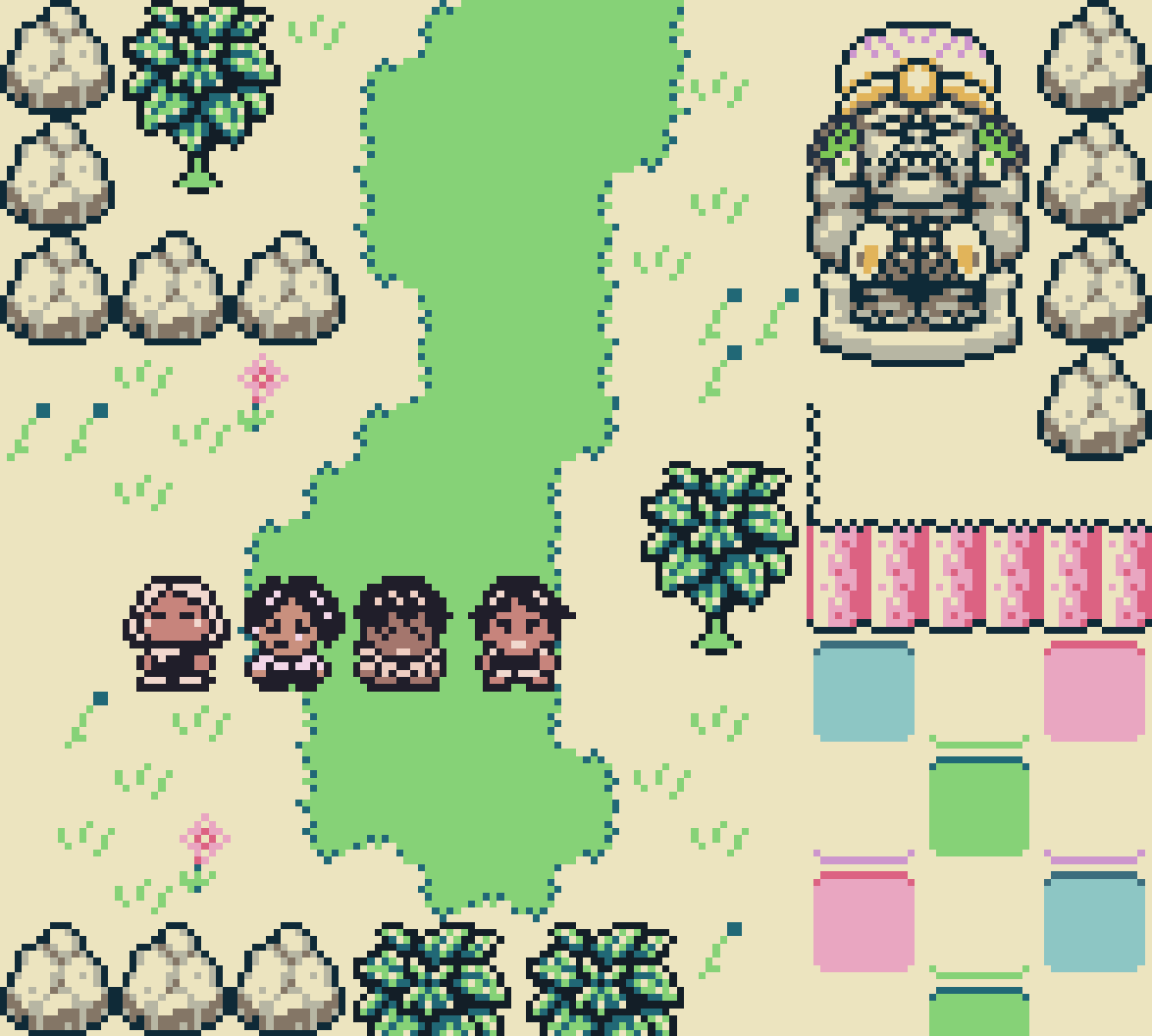 A gameplay still from Yakshini Lokam shows four pixel-art characters in a candy coloured world.