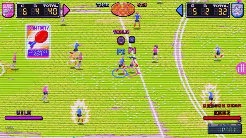 Screenshot from Pro Jank Footy showing a brightly coloured green football oval during a match. Cartoon-style players from opposing teams compete for possession of the ball on the field, with a scoreboard and game interface visible on screen. The game features a retro arcade-inspired visual style and exaggerated, fast-paced sports action.
