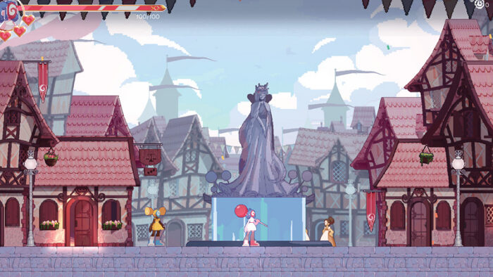 A pink character (Pepper Mint) holding a giant lollipop stands in a quaint looking town squre.