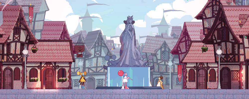 MIGW 2026 A pink character (Pepper Mint) holding a giant lollipop stands in a quaint looking town squre.